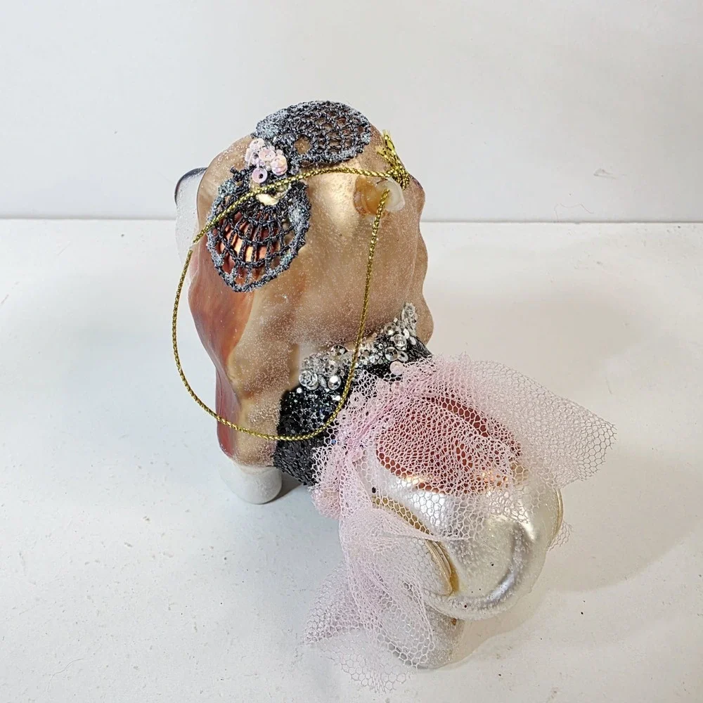 Blown Glass Hound Dog Dressed in Sequins Pink Skirt Glitter Christmas Ornament